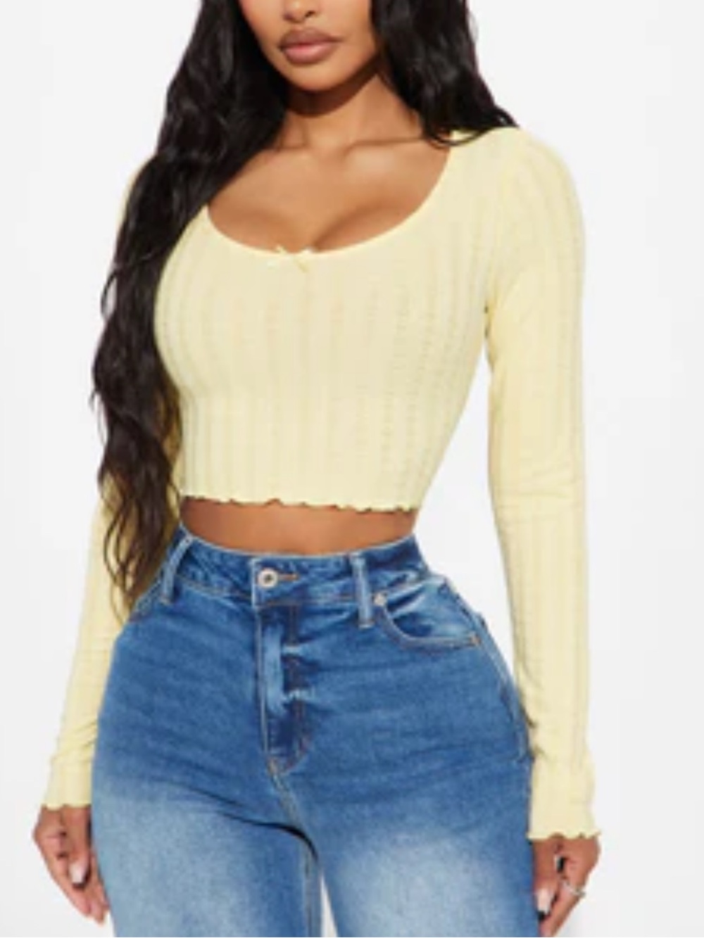 Pale Yellow Long-Sleeve Cropped Top